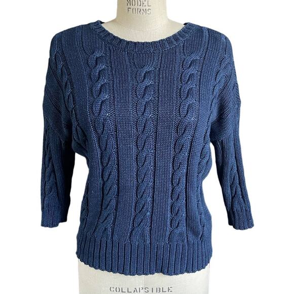 Three Dots Cable Knit Cotton Short Sleeve Sweater in Navy Size Small - Picture 2 of 7